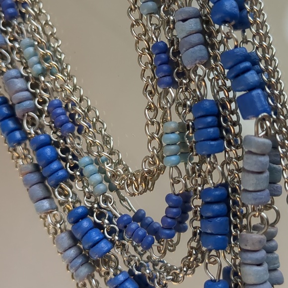 Graduated Layer 17 Inch Necklace With Blue Beads on Silver Tone Chains - Picture 4 of 9